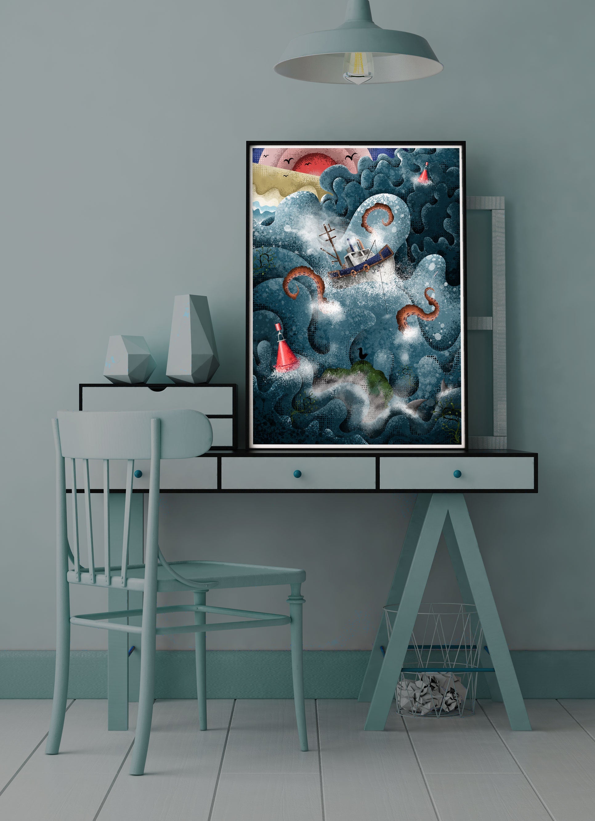 Fishing Boat and Octopus Illustration Print