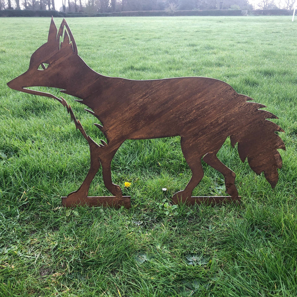 Rusty Metal Walking Fox Garden Statue