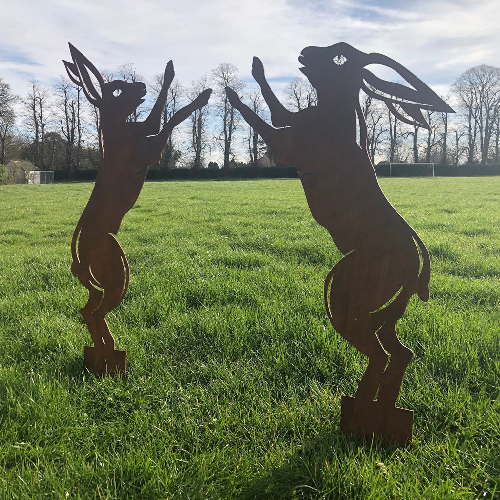 Pair of Rusty Metal Boxing Hares Garden Statue