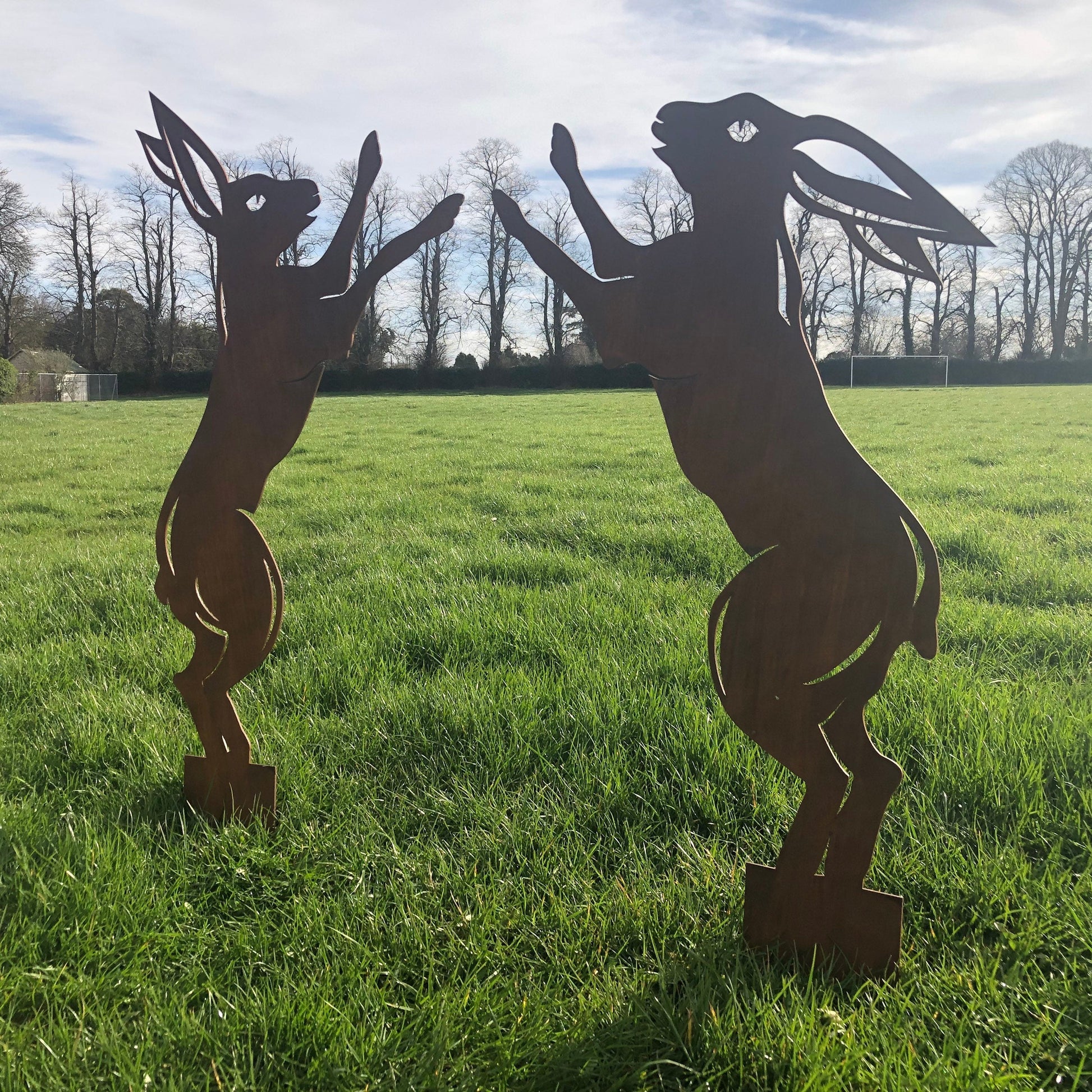Pair of Rusty Metal Boxing Hares Garden Statue