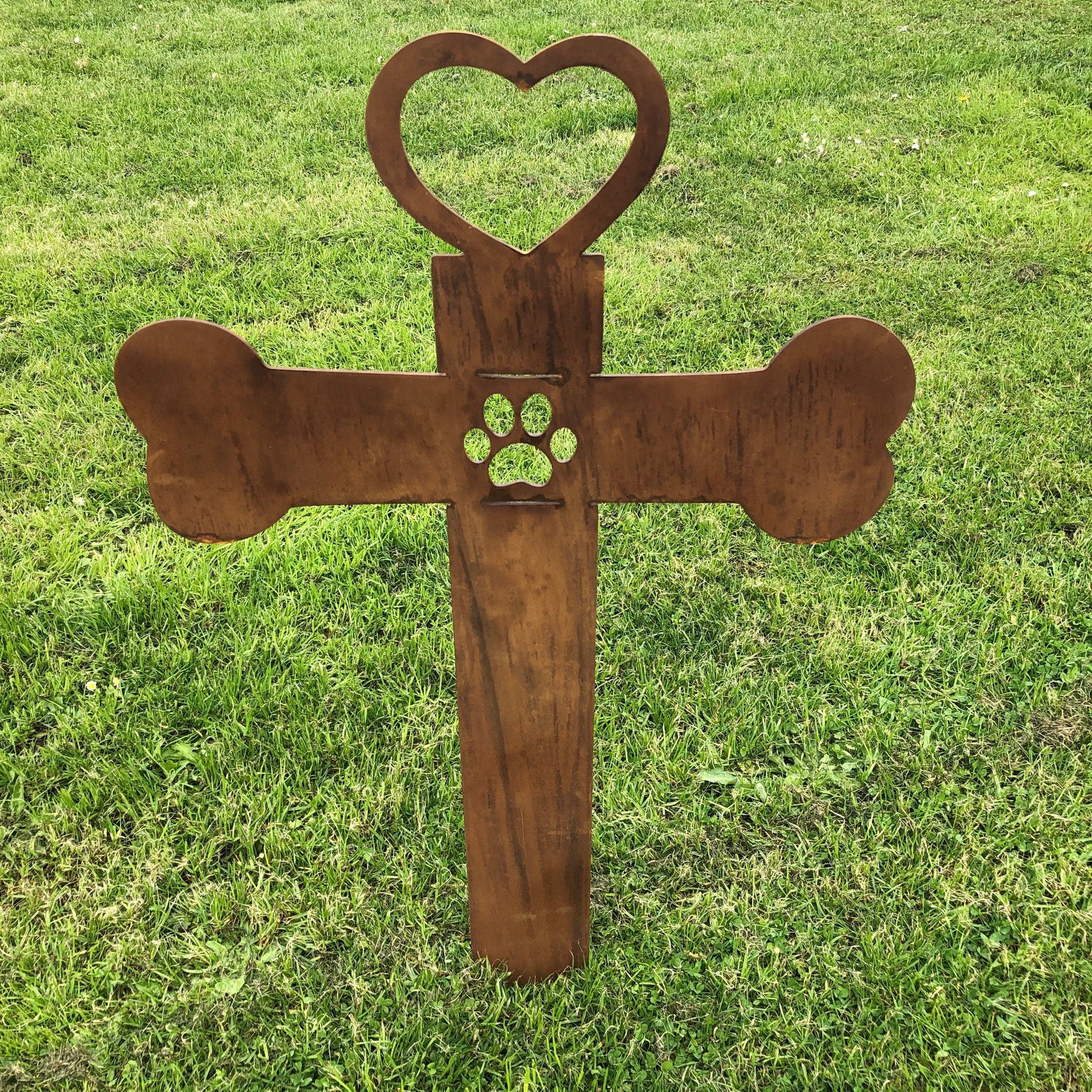 Rusty Metal Pet Memorial Cross Garden Decoration