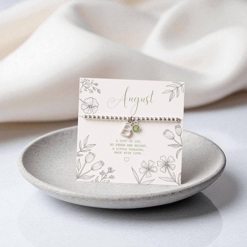 Personalised Initial and August Birthstone Stretch Bracelet