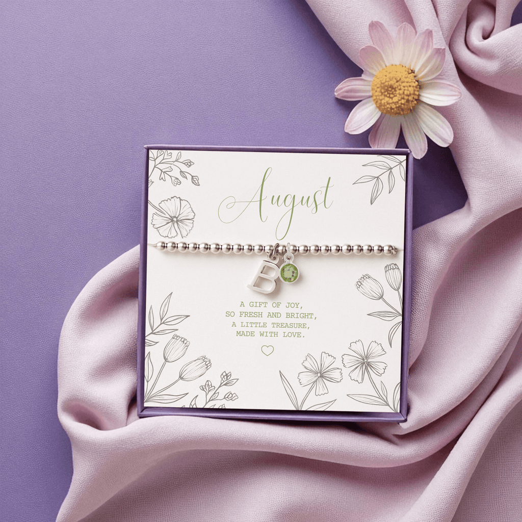 Personalised Initial and August Birthstone Stretch Bracelet