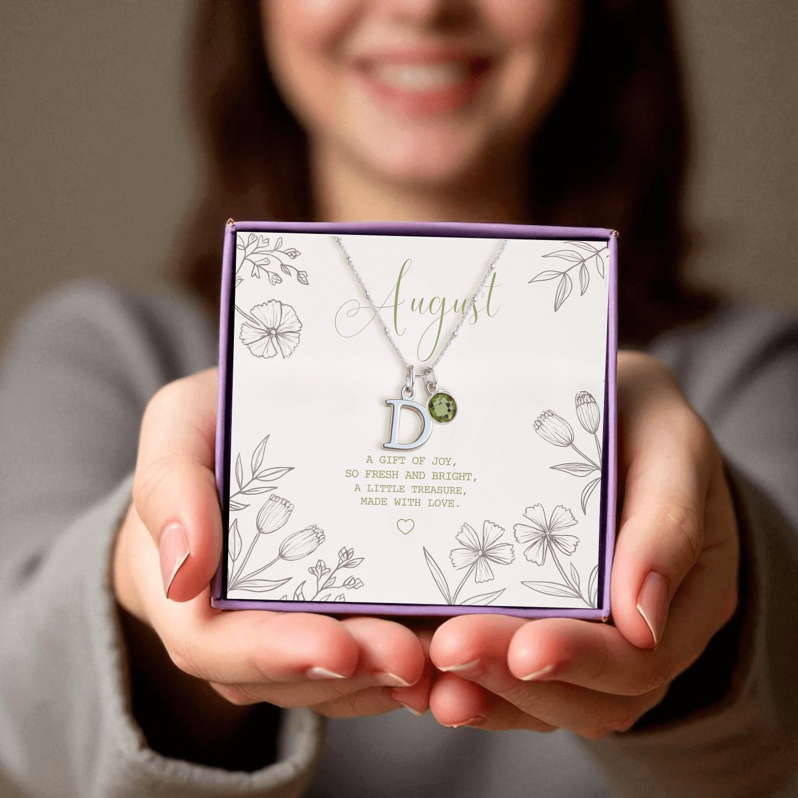 Personalised Initial and August Birthstone Necklace in Sterling Silver