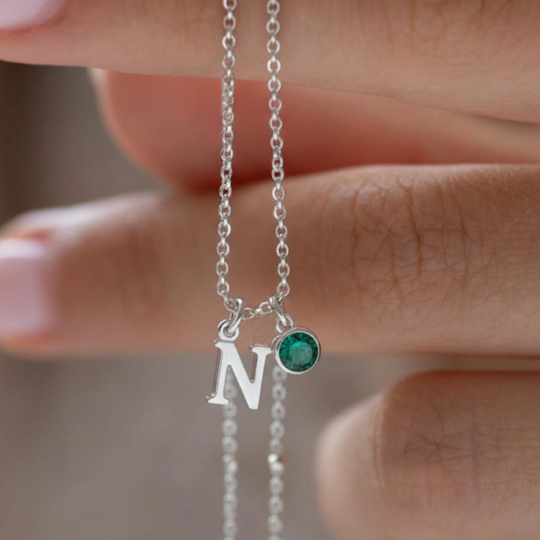 May Birthstone Initial Charm Necklace in Sterling Silver