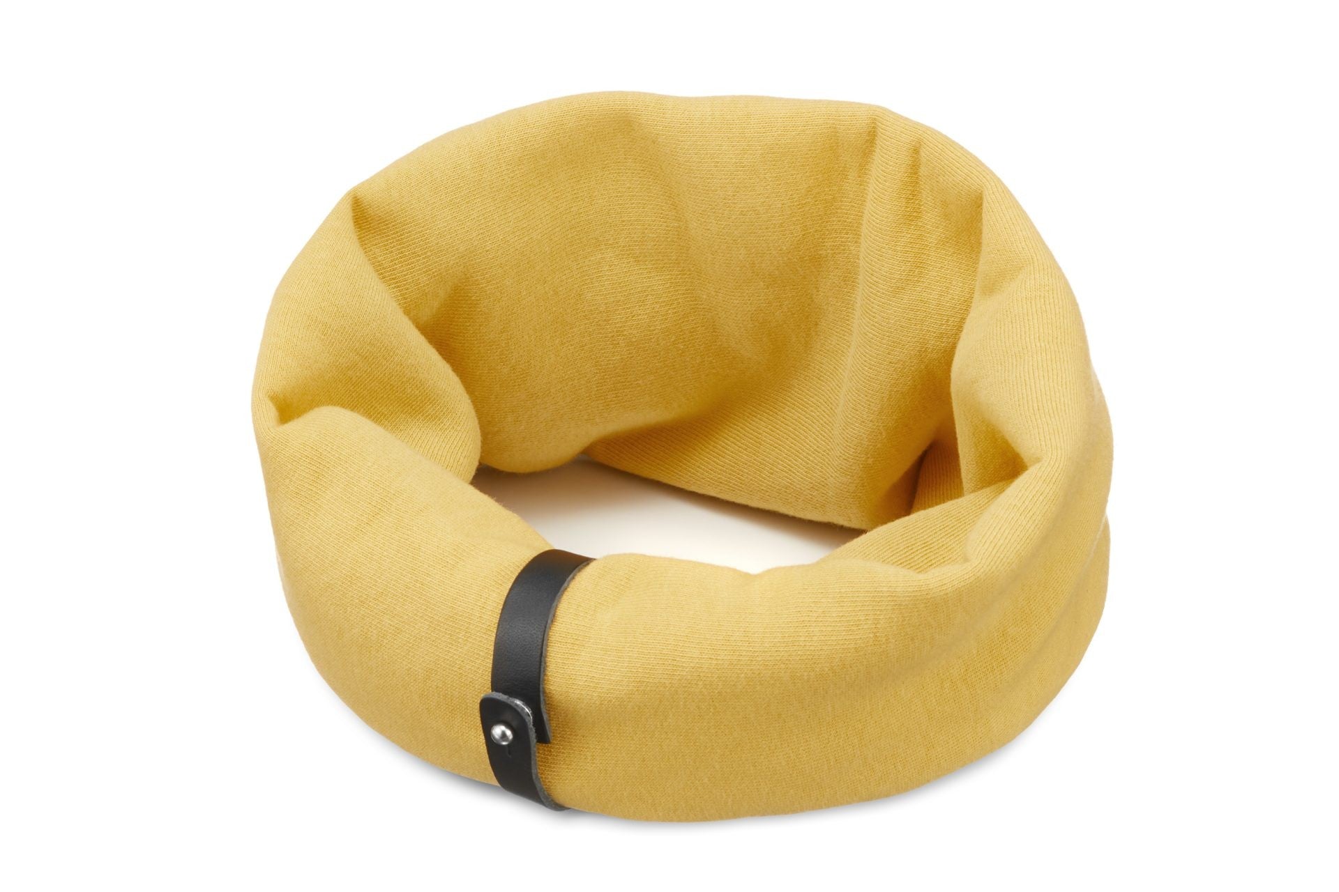 a cozy golden neck warmer on a happy dog, soft cotton blend and a leather belt for a secure, comforting fit