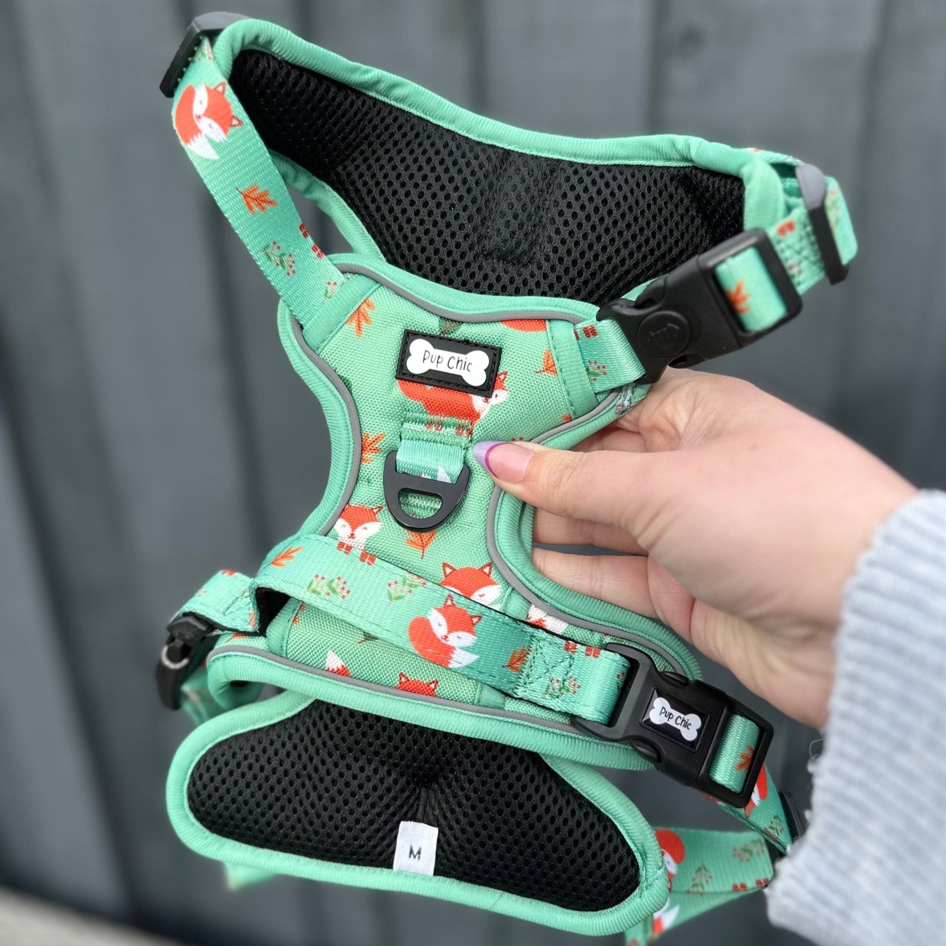 Tactical No Pull Dog Harness in Green Fox Print, Adjustable Step-In XS to XL