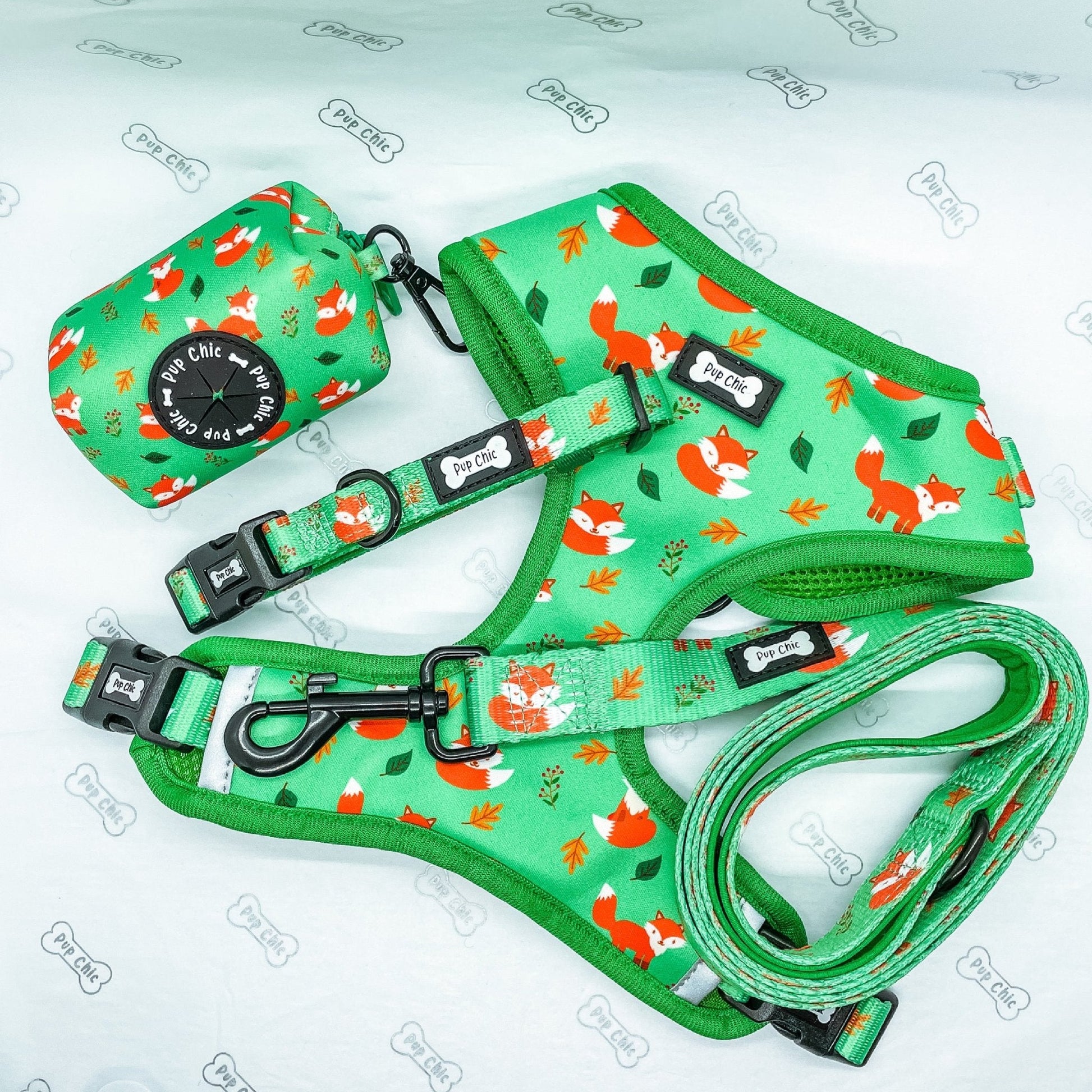 XXS Puppy Harness in Sage Green with Fox Print