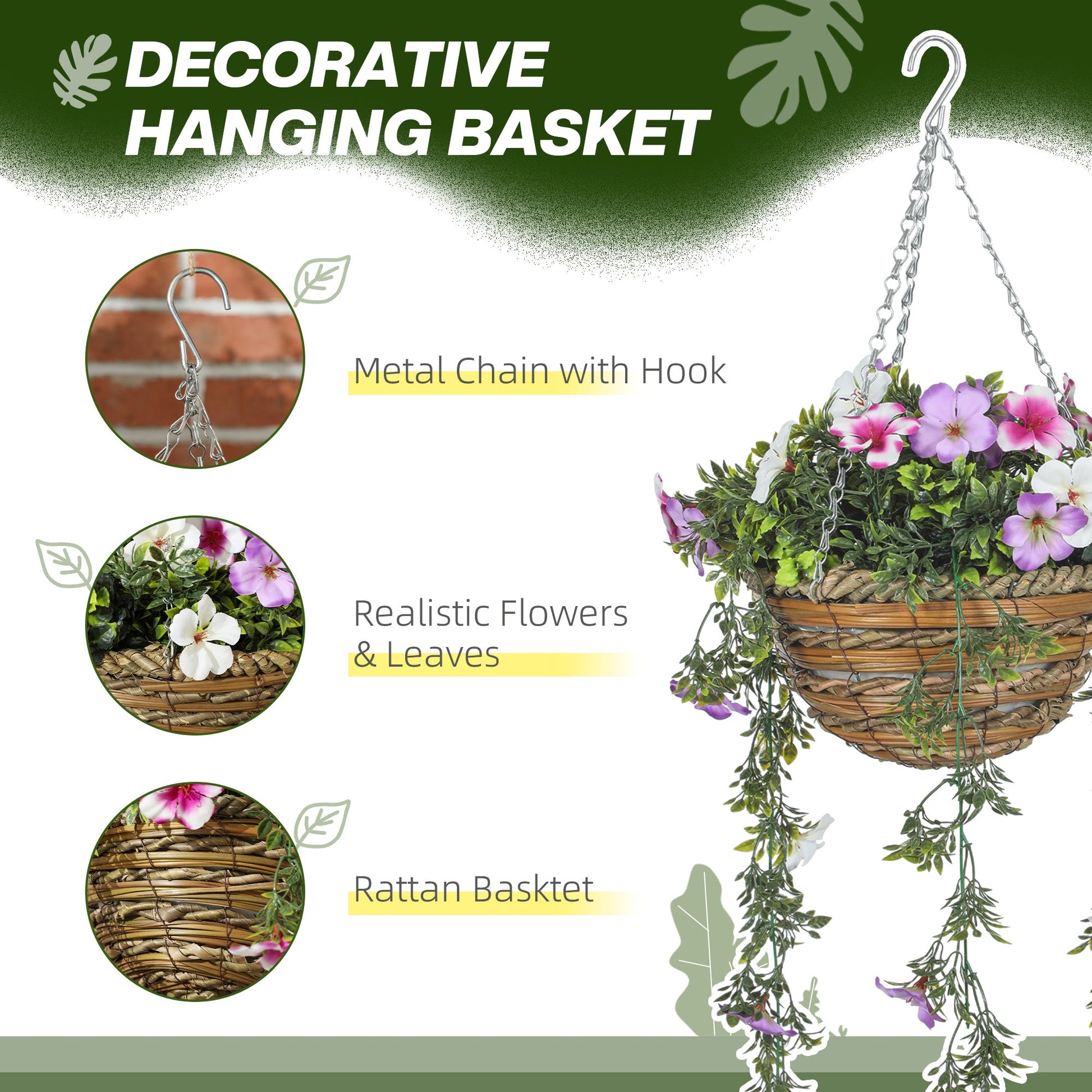 Set of 2 Artificial Azalea Flowers in Wicker Basket with Hanging Chains
