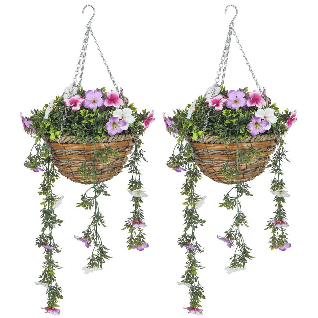 Set of 2 Artificial Azalea Flowers in Wicker Basket with Hanging Chains