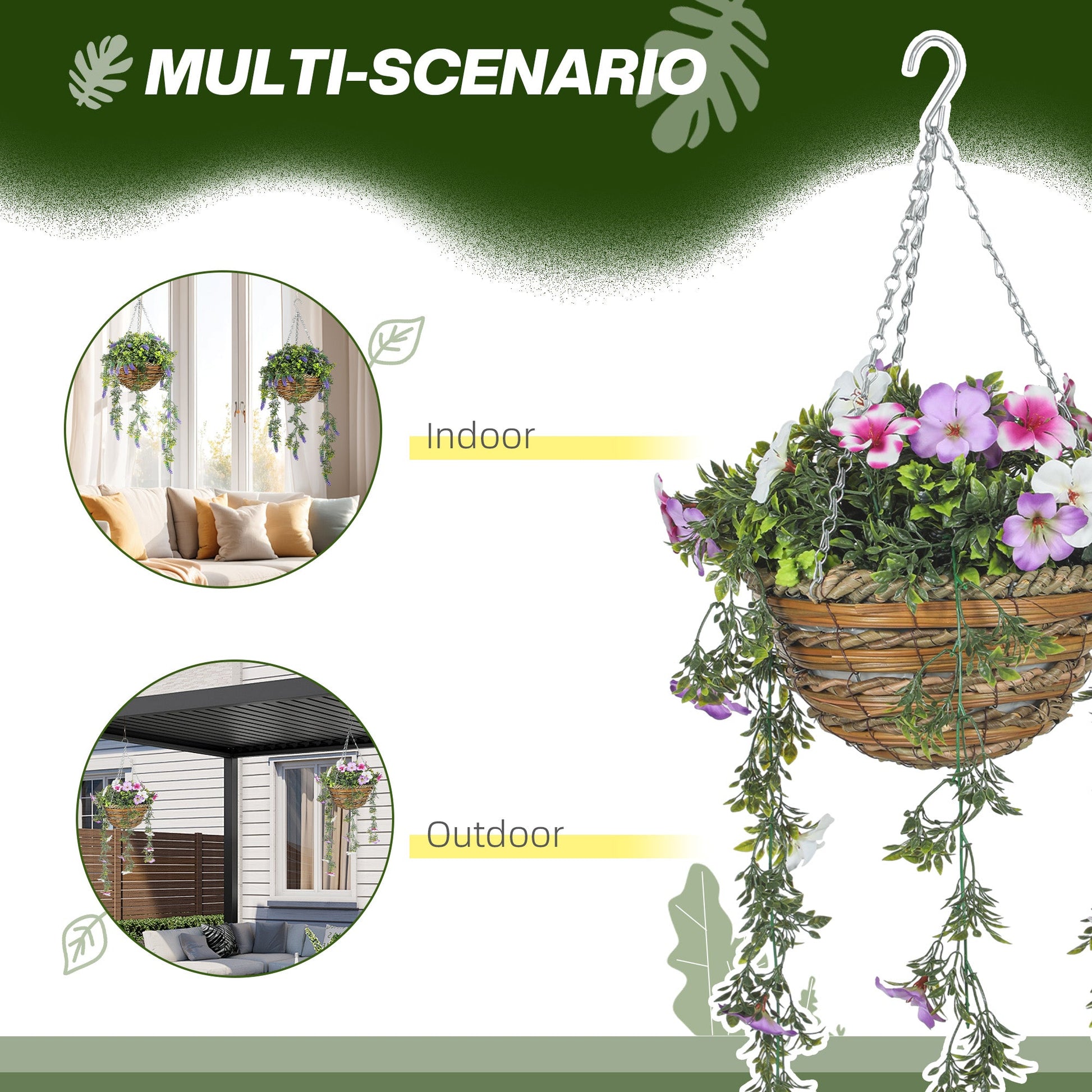 Set of 2 Artificial Azalea Flowers in Wicker Basket with Hanging Chains