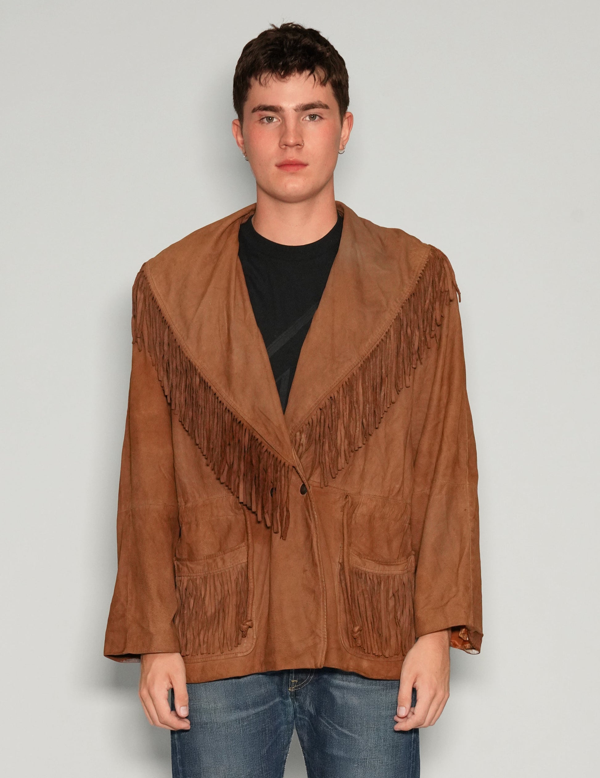 Wide Lapel Tassel Cowboy Jacket in Suede Leather