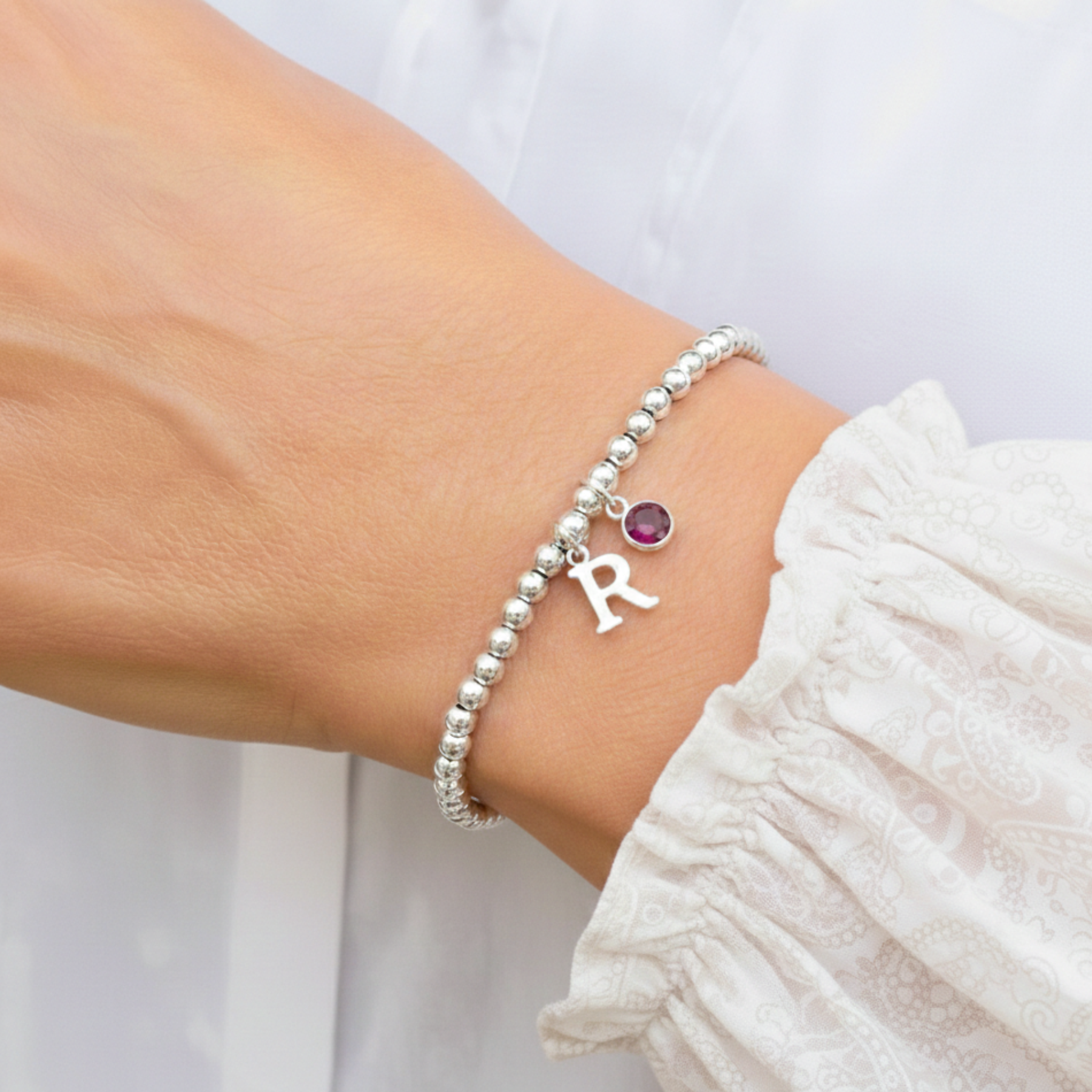 July Birthstone Initial Letter Charm Bracelet
