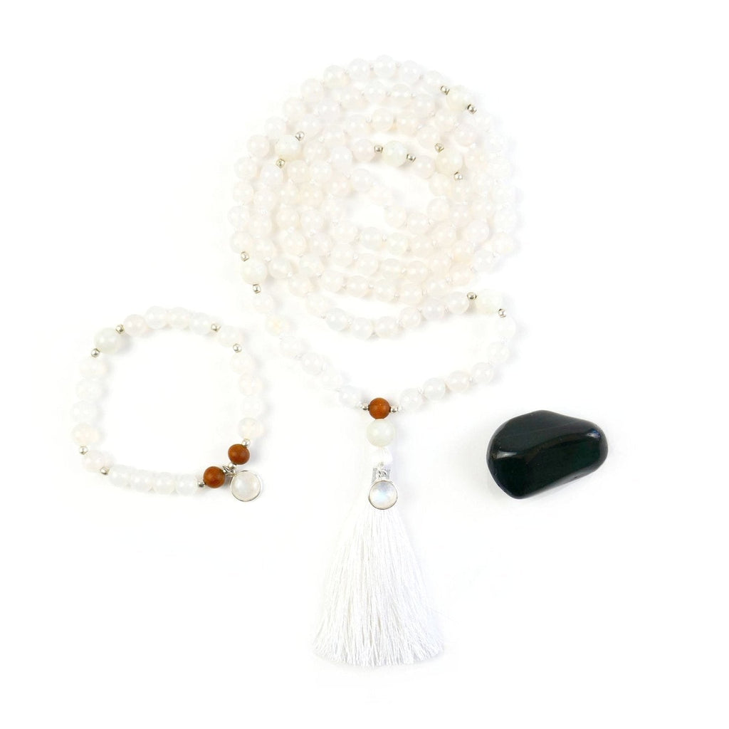 Moonstone Mala Necklace and Bracelet Set with Meditation Guide