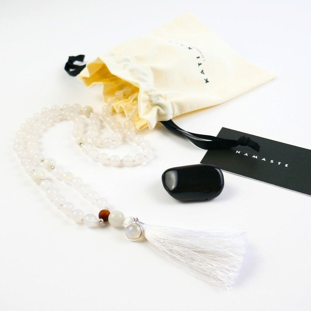 Moonstone Mala Necklace and Bracelet Set with Meditation Guide