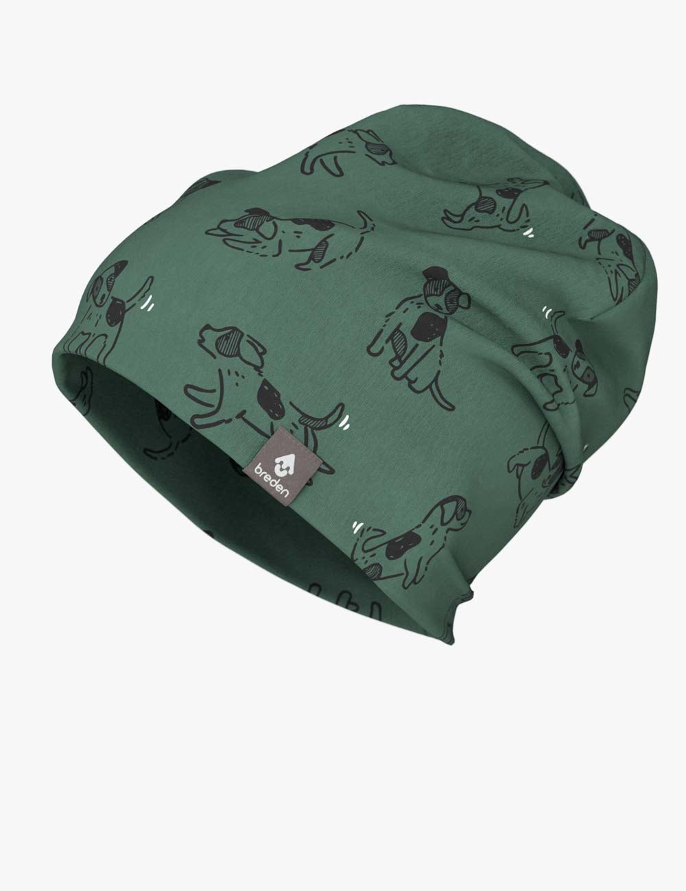 bold green kids beanie with a playful dog print, shown confidently on a model