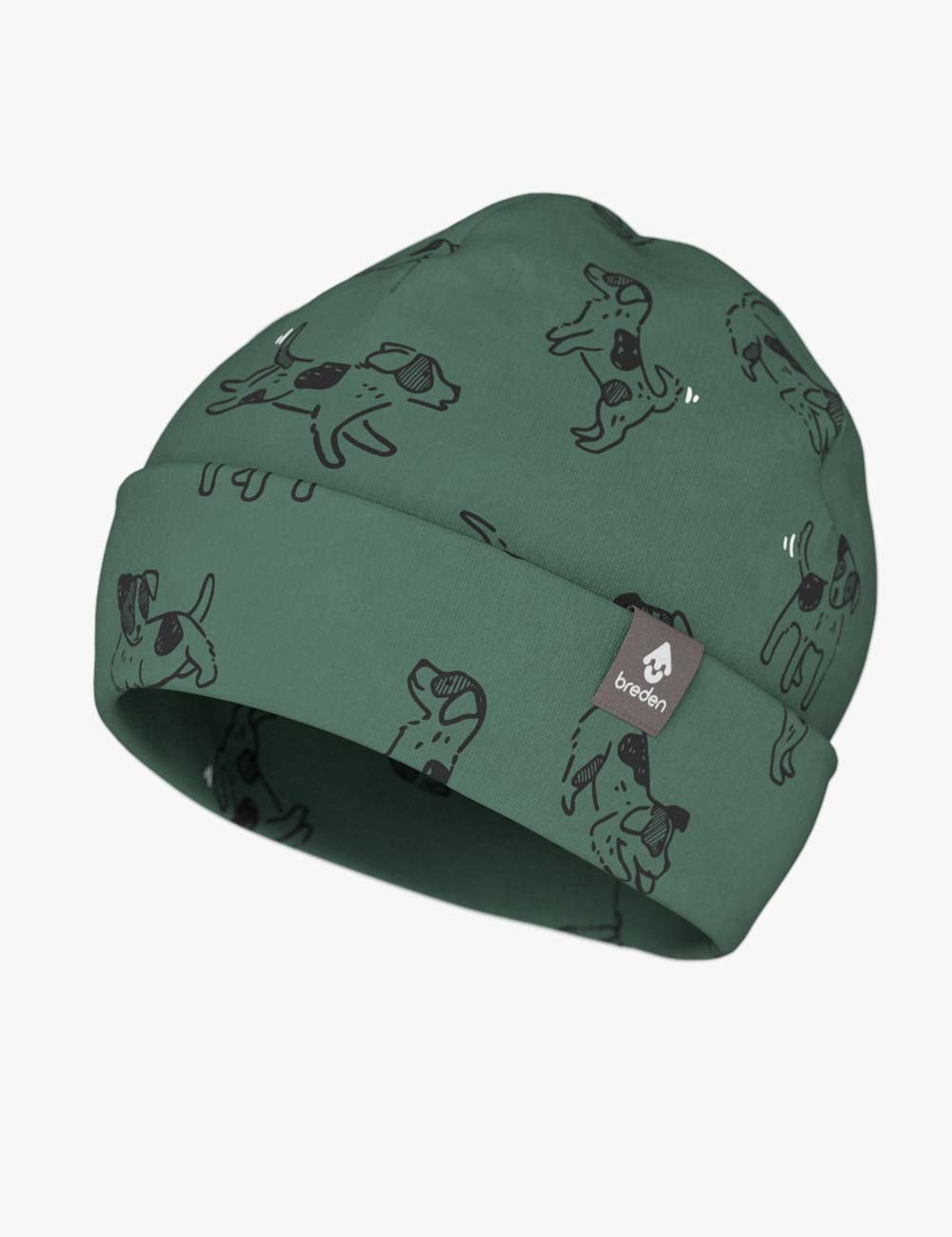 elegant green kids beanie with a subtle dog print, shown in soft studio lighting