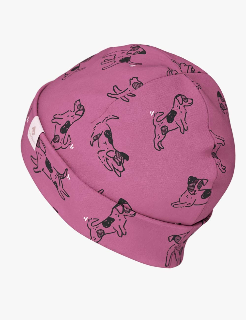 a playful pink dog peeking from a soft cotton kids beanie on a sunny autumn day