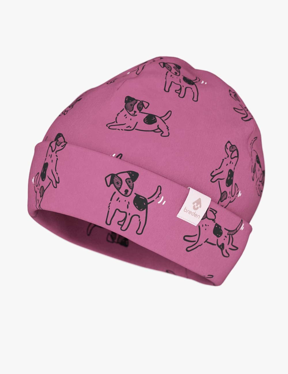 a refined close-up of a pink dog beanie for kids, elegantly styled on a soft grey background