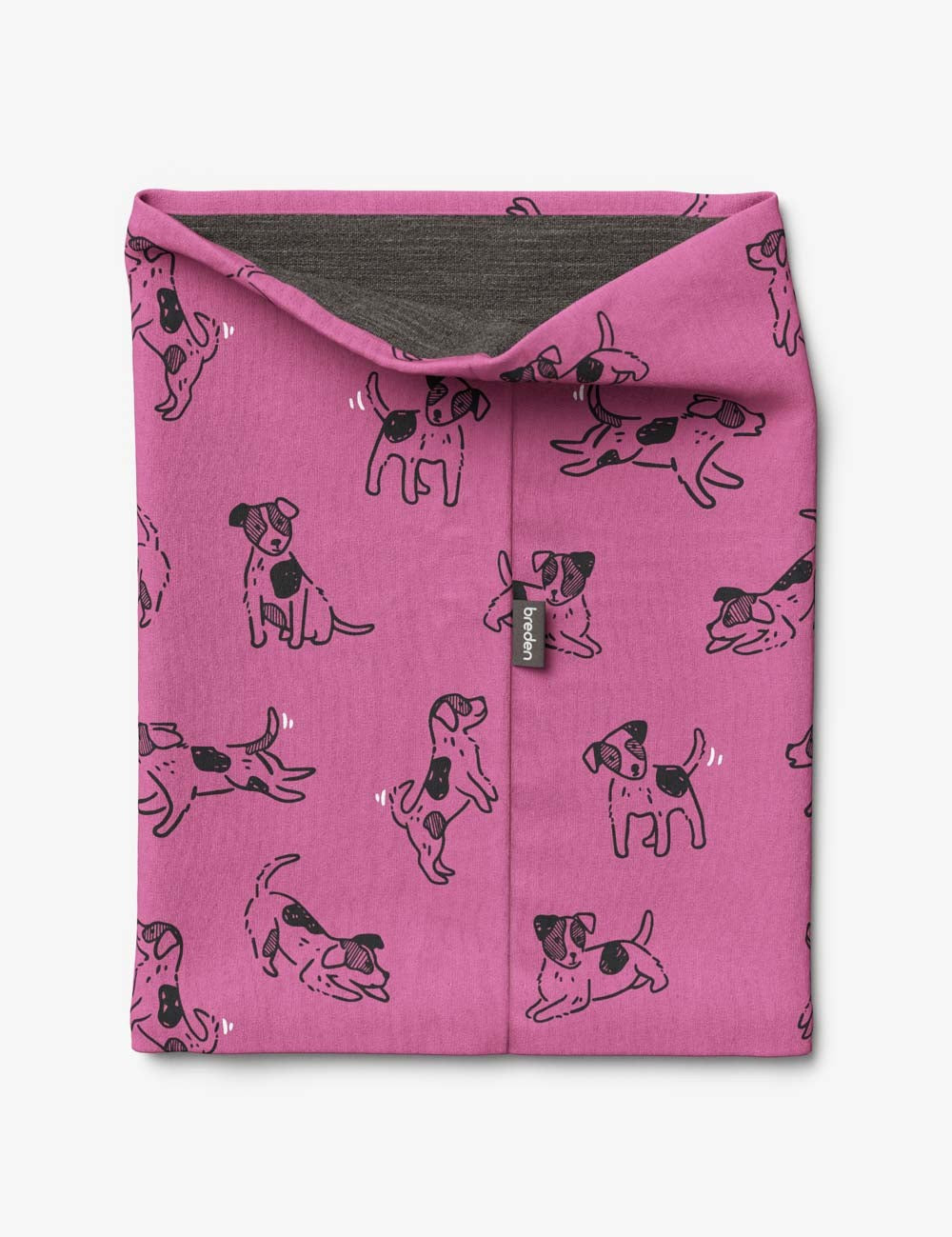 bold kids merino neck tube with pink dogs on a crisp morning adventure