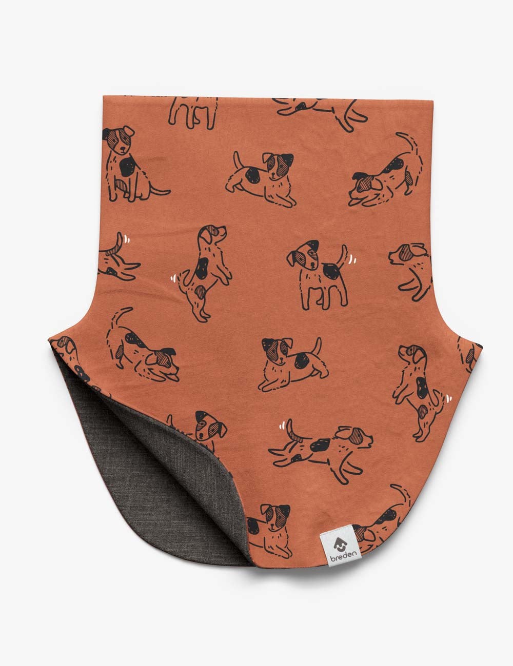 bold copper dogs kids merino neck warmer shown in dramatic studio lighting
