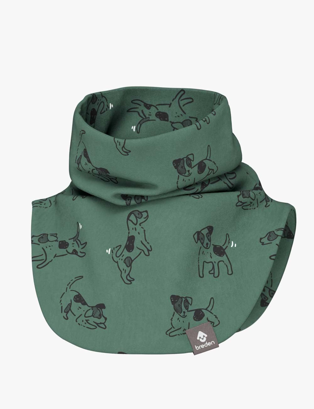 a child laughing while modeling a soft green dogs neck warmer in a sunny park