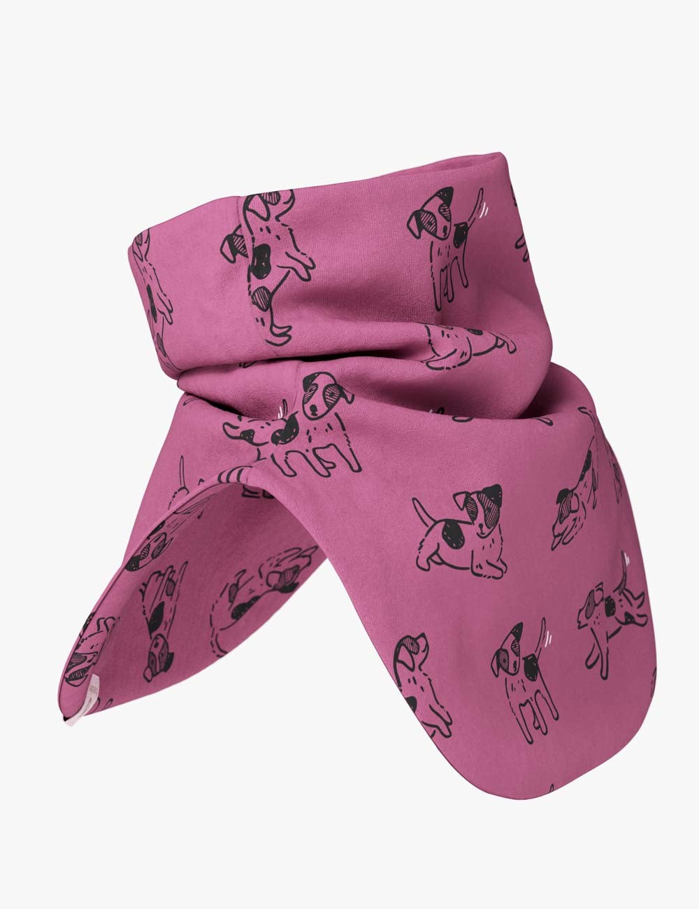bold pink dog print kids neck warmer in dramatic close-up lighting