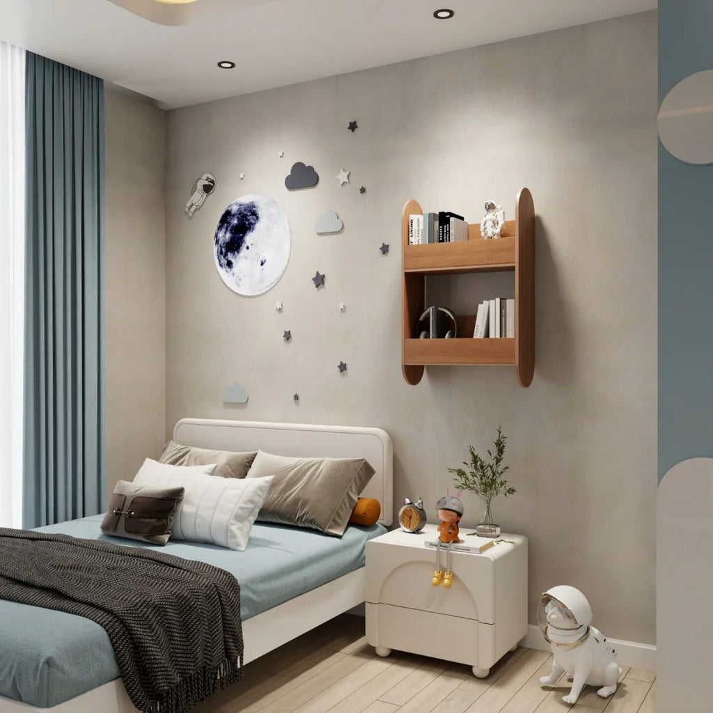 bold statement piece - a large stylish kids wooden bookshelf in a modern nursery