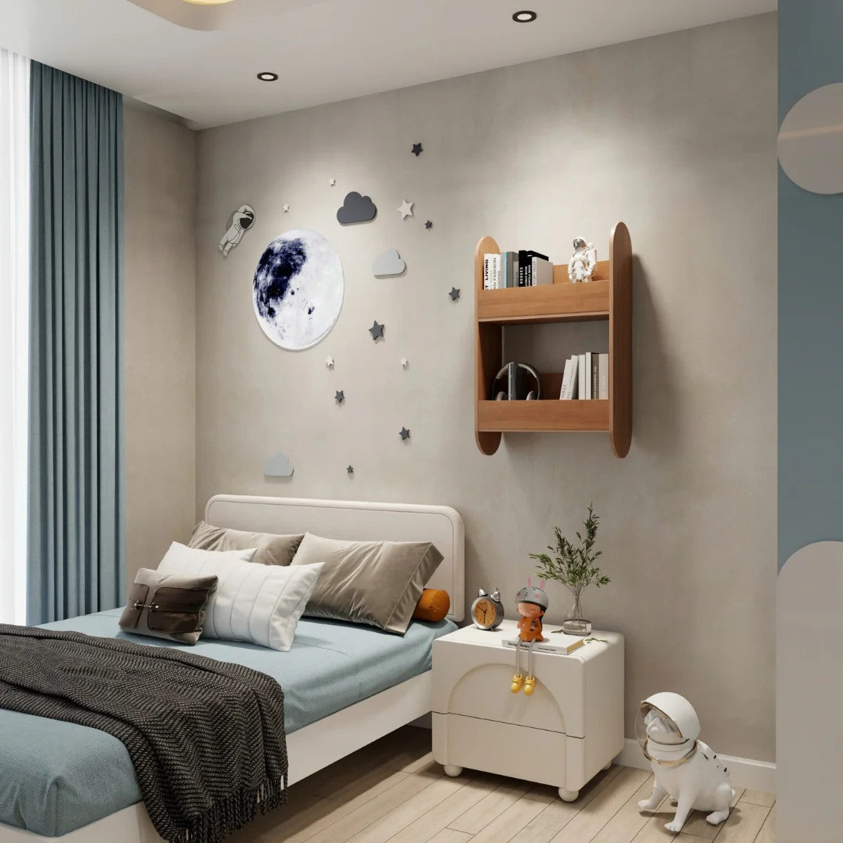 bold statement piece - a large stylish kids wooden bookshelf in a modern nursery