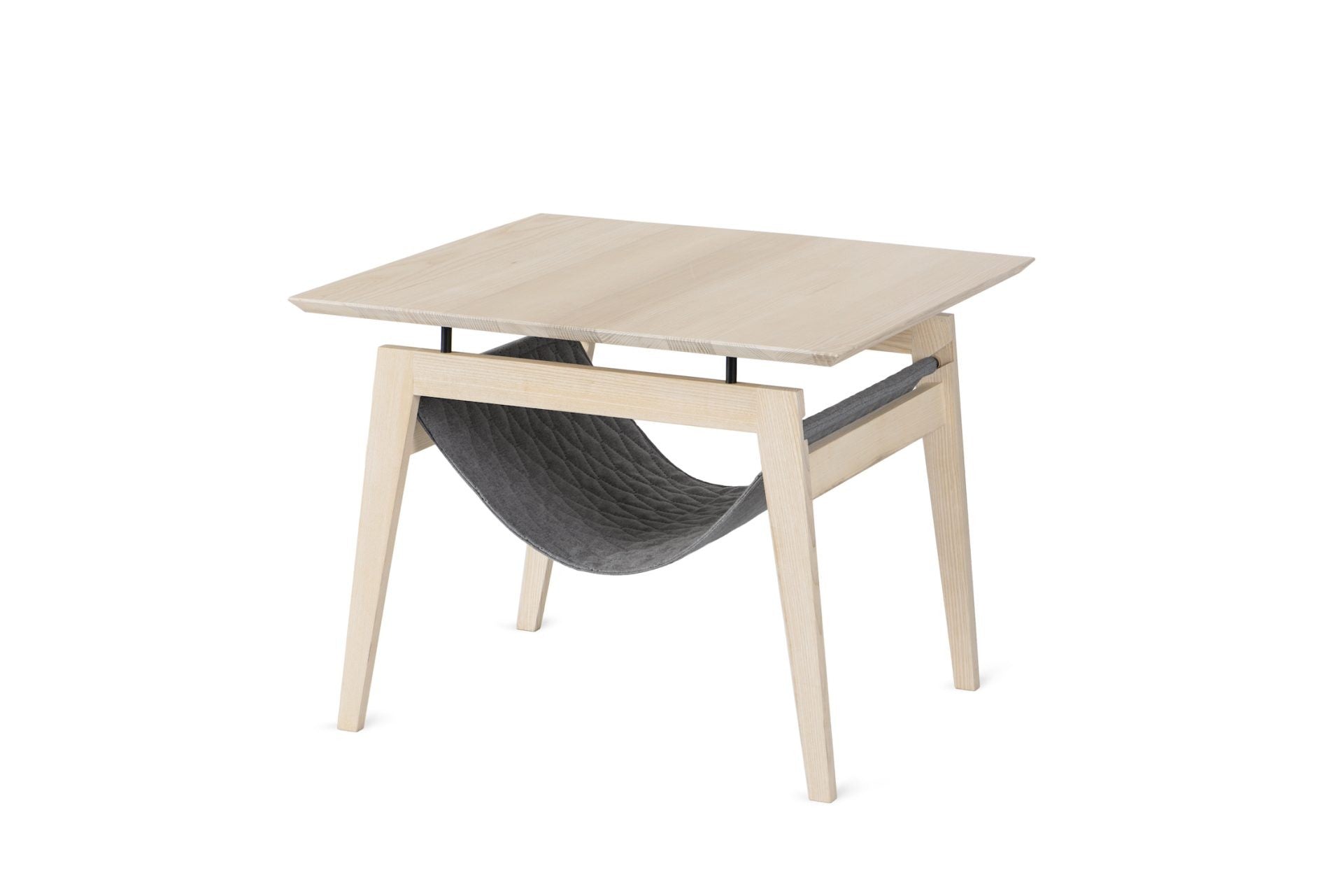 bold anthracite kikko table with a cozy cat hammock in dramatic studio lighting