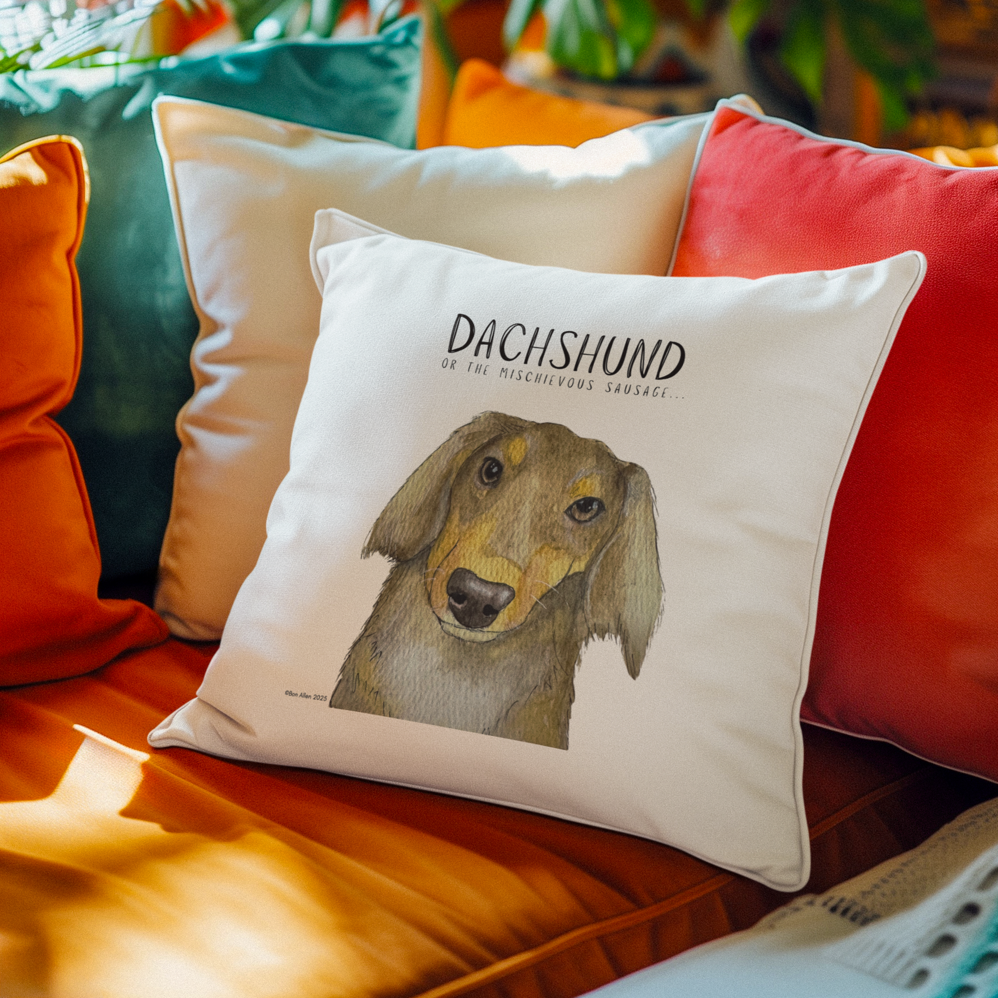 Dachshund Cushion Cover with Mischievous Hot Dog Energy