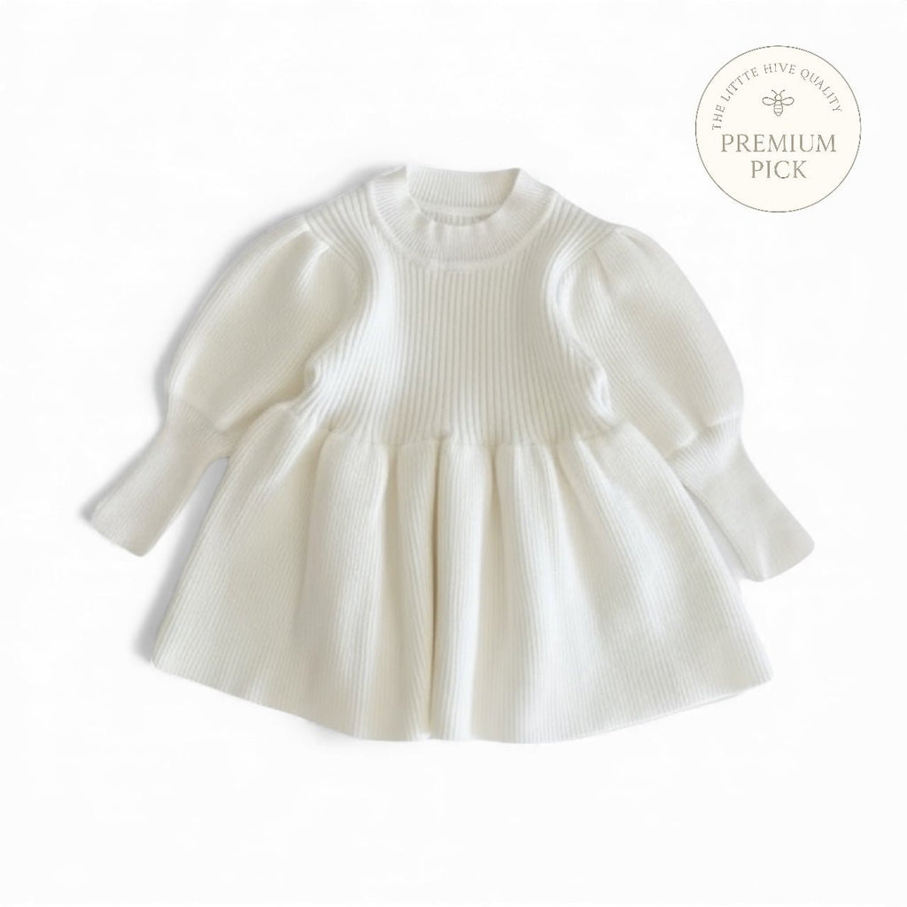 Knitted Lantern Sleeve Dress in White and Beige