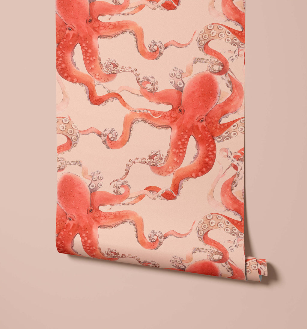 Red Octopus Wallpaper in Watercolour