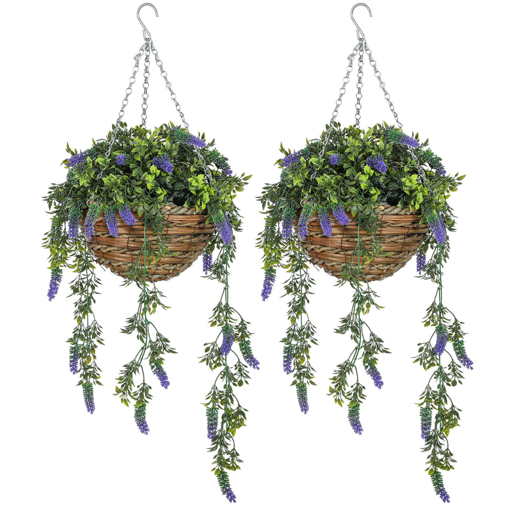 Set of 2 Artificial Lavender Flowers in Wicker Basket with Hanging Chains
