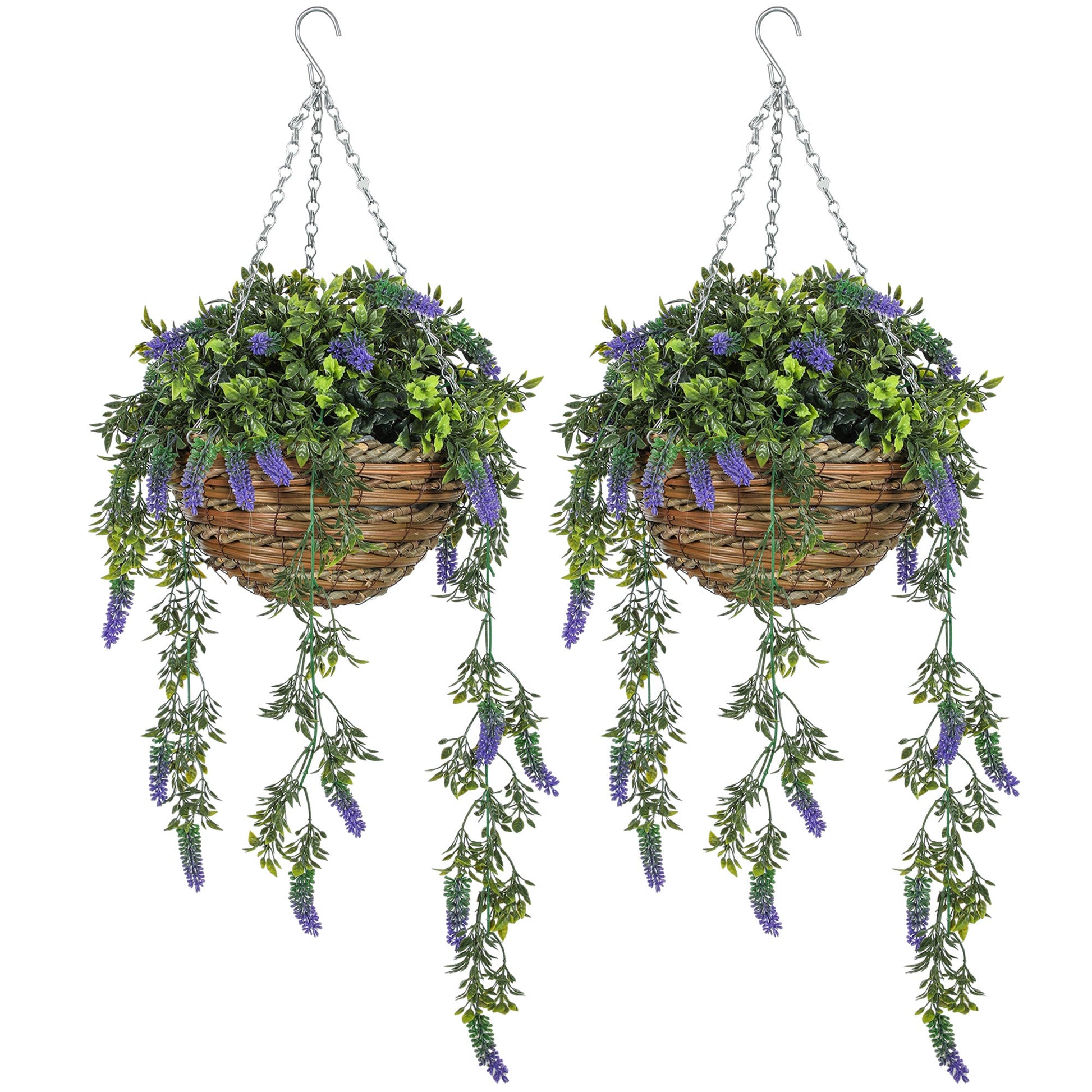 Set of 2 Artificial Lavender Flowers in Wicker Basket with Hanging Chains