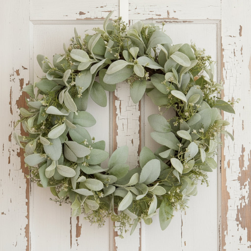 Handcrafted winter wreath with lamb's ear foliage and wax flowers in crisp white and green, 45cm diameter. by sostter at brixbailey.com
