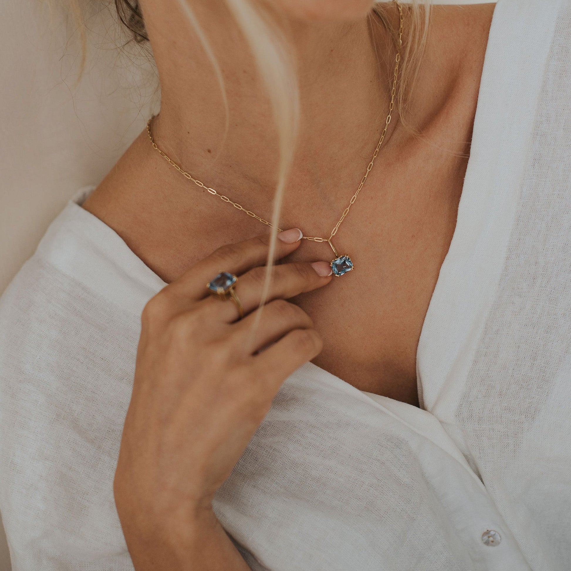 Large Gold Blue Topaz Necklace Astrid