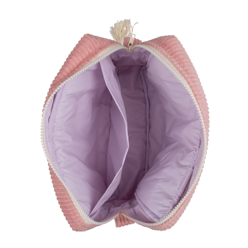 elegant baby pink handmade cotton makeup bag set displayed on a marble surface