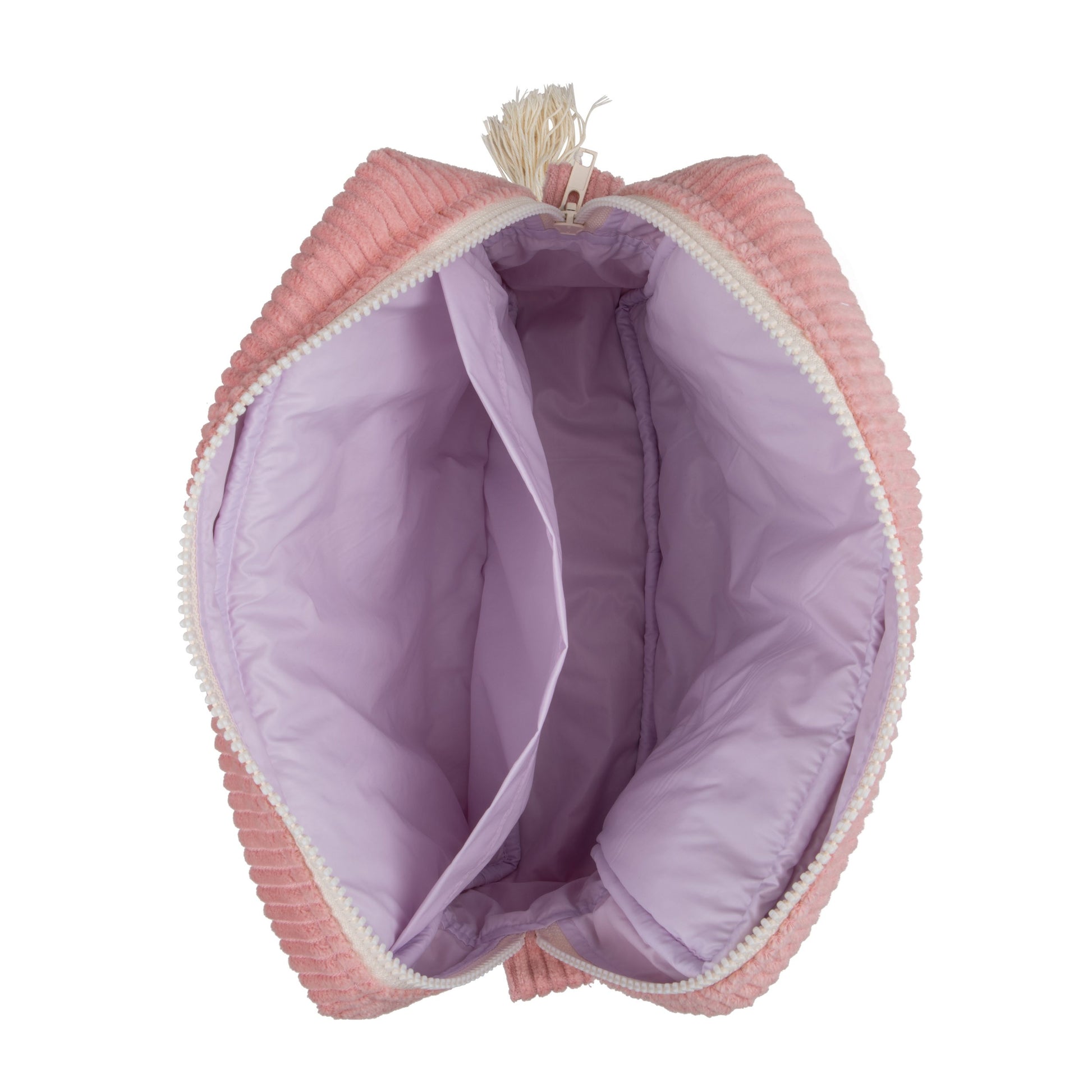 elegant baby pink handmade cotton makeup bag set displayed on a marble surface