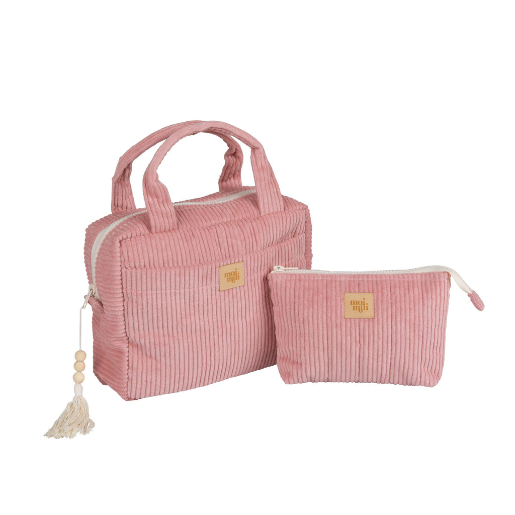 baby pink handmade cotton makeup bag set of two with outer pocket on a sunny windowsill