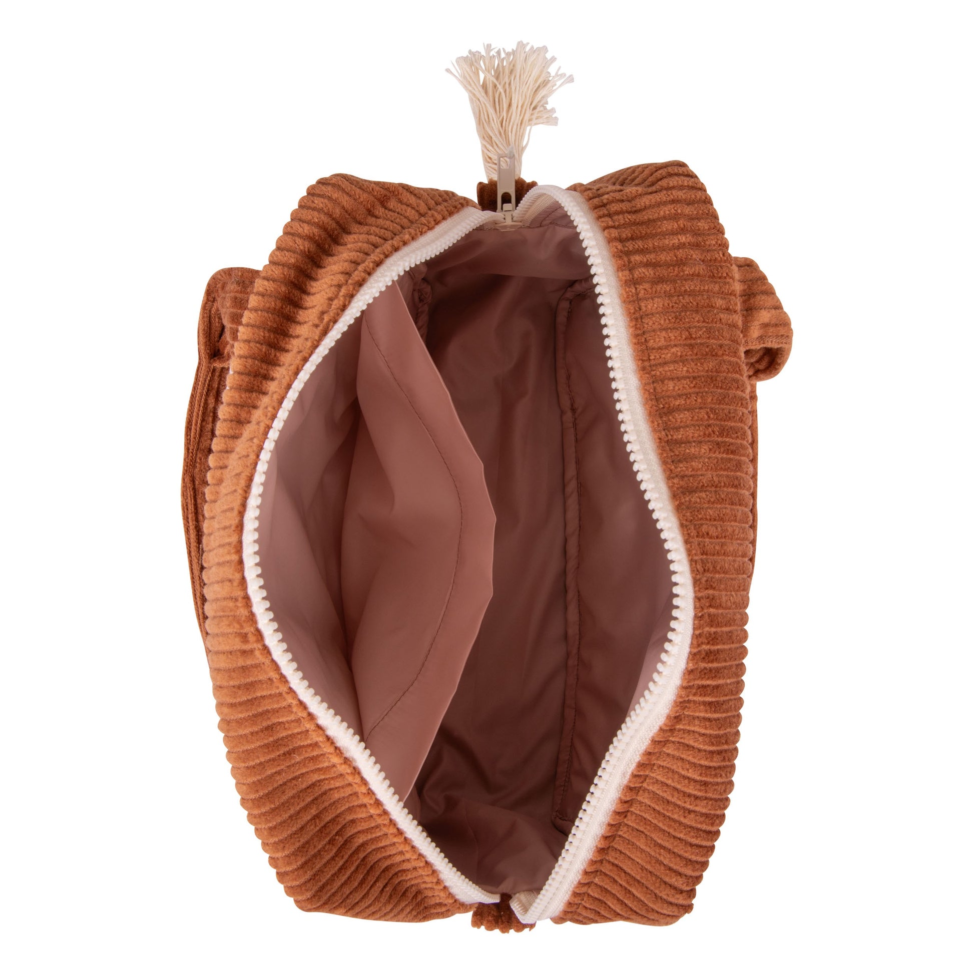 soft caramel makeup bag with a cozy cotton texture and open outer pocket