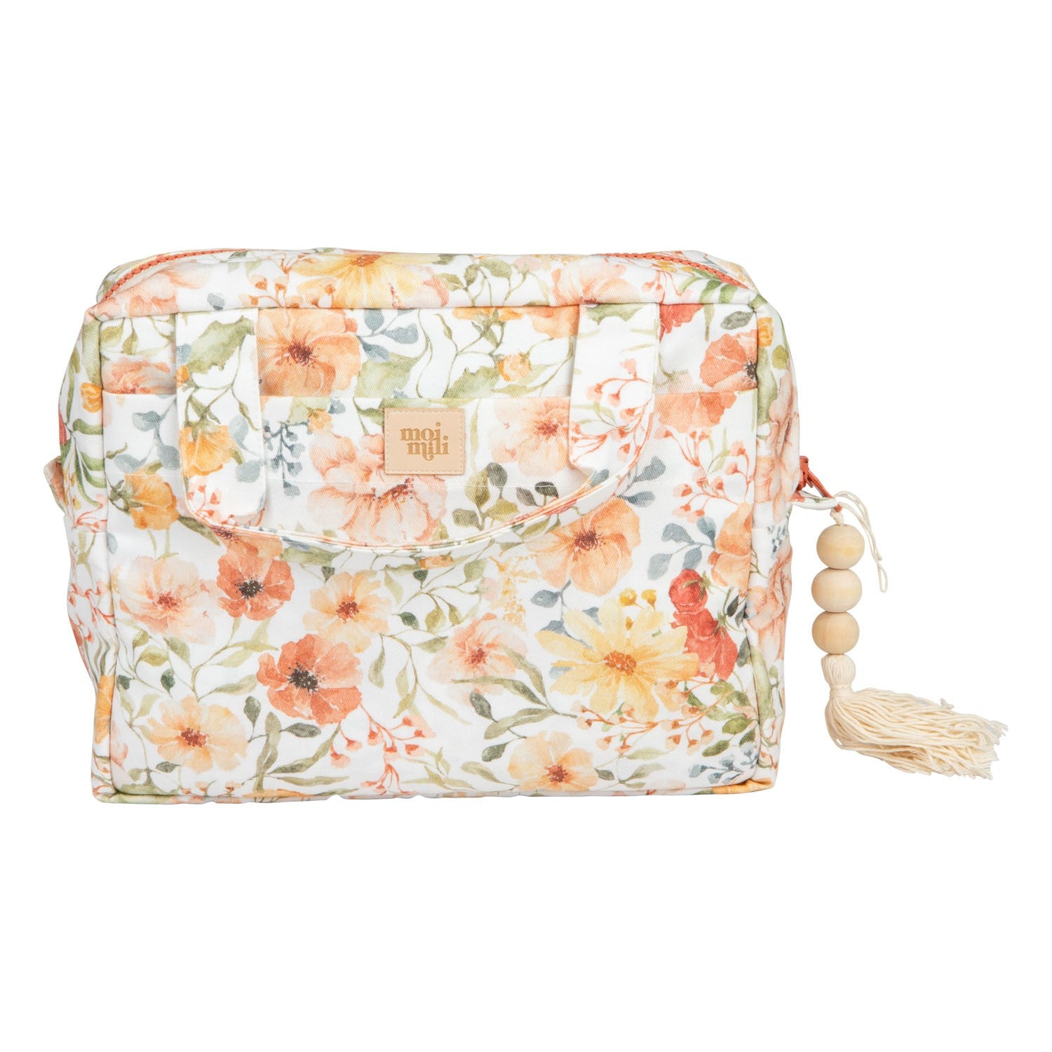 playful floral makeup bag set open on a sunny windowsill, showing its colorful cotton fabric and inner pockets