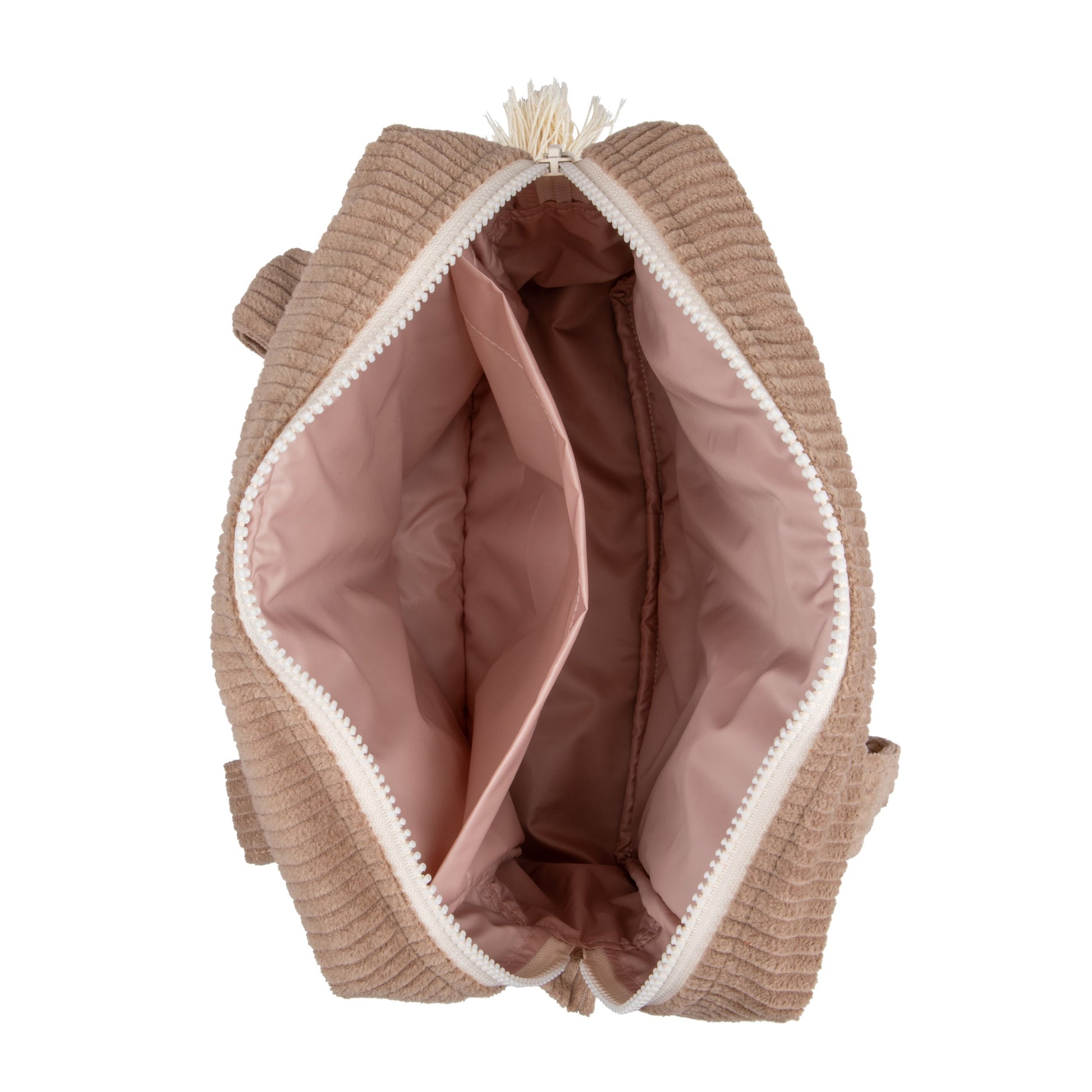 soft latte cotton makeup bag open on a cozy table showing its inner pocket