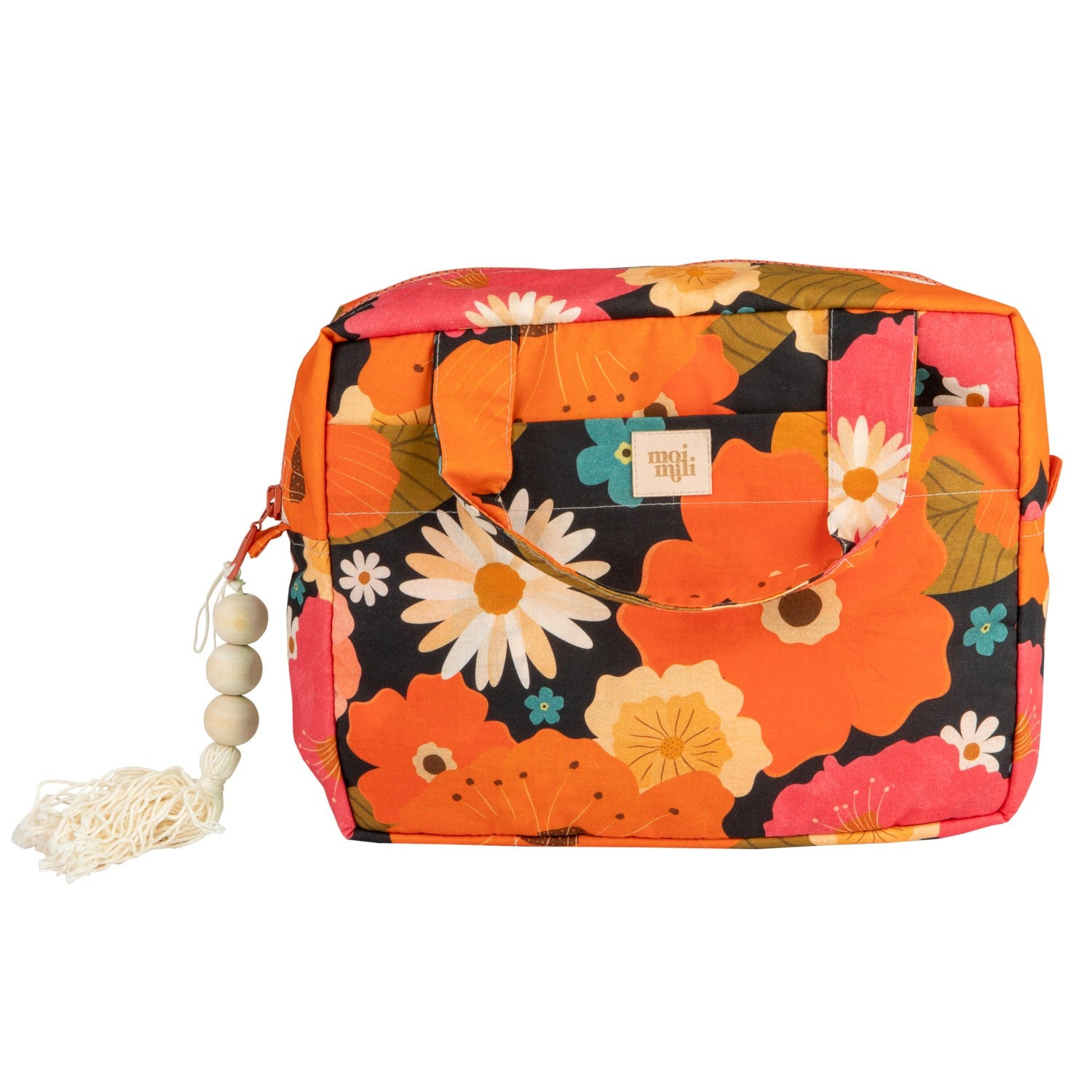 elegant floral makeup bag open on marble, revealing its chic waterproof interior and pockets