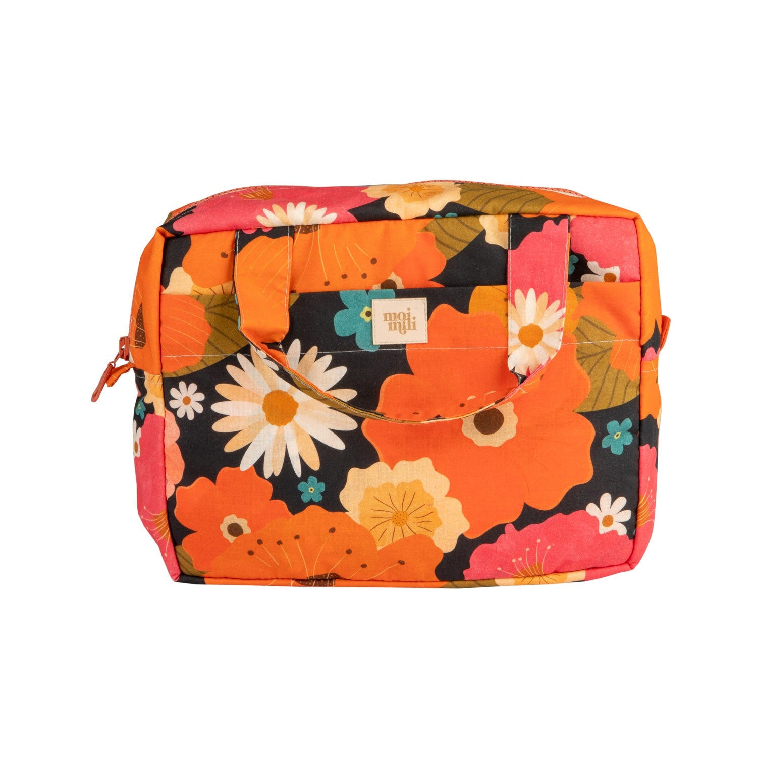 open picnic with flowers makeup bag showing inner and outer pockets for practical organization
