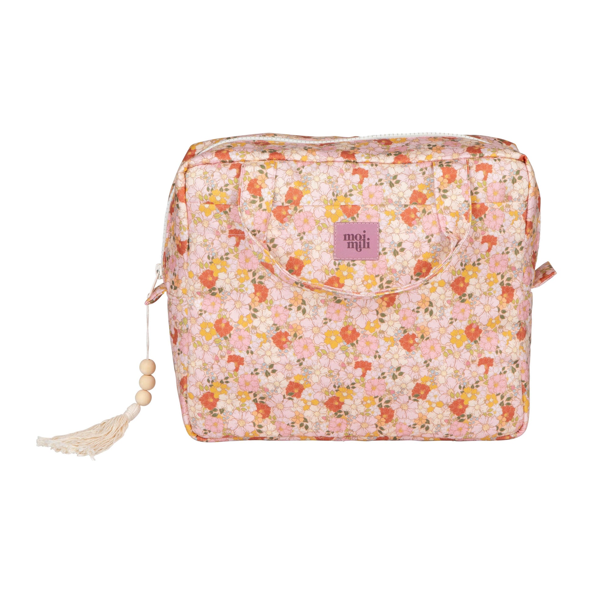 playful spring garden makeup bag with floral print, open to show inner pockets, perfect for travel or daily use
