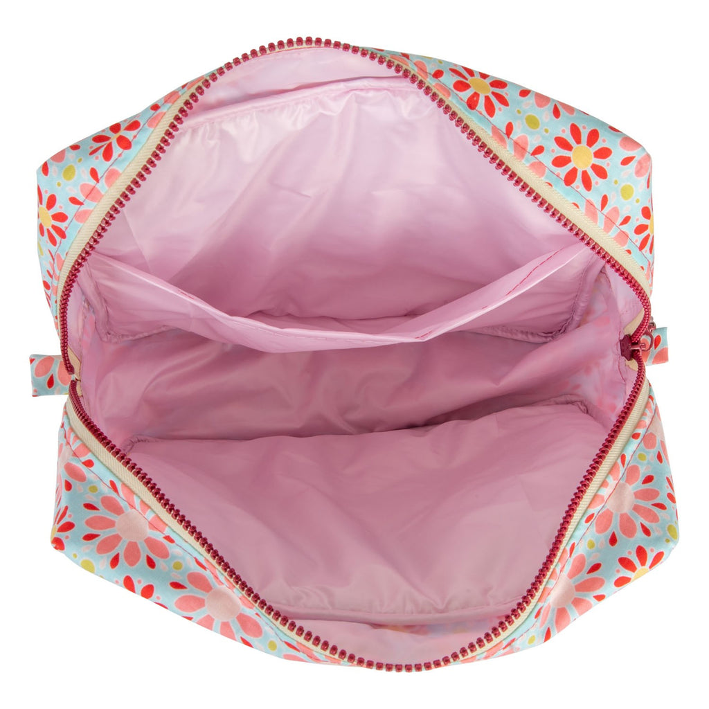 elegant handmade floral makeup bag set open on a marble surface