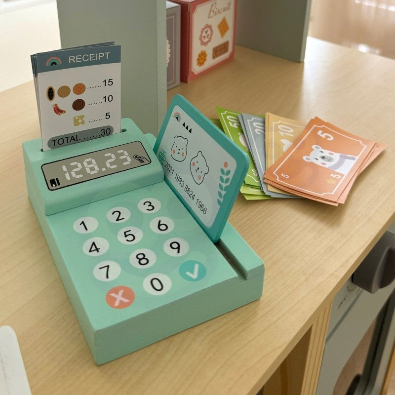 elegant woopie green food truck stand with scale and card reader on a clean white background