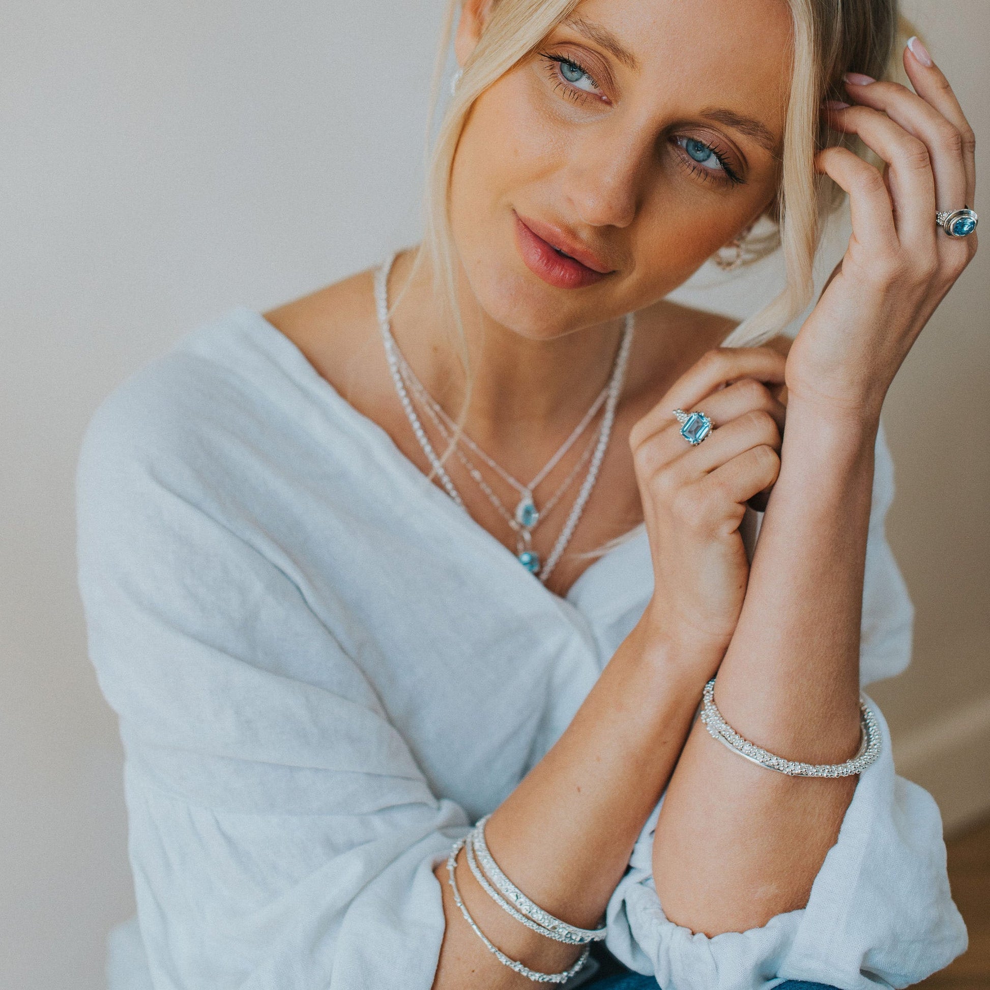 Large Silver Blue Topaz Necklace Astrid