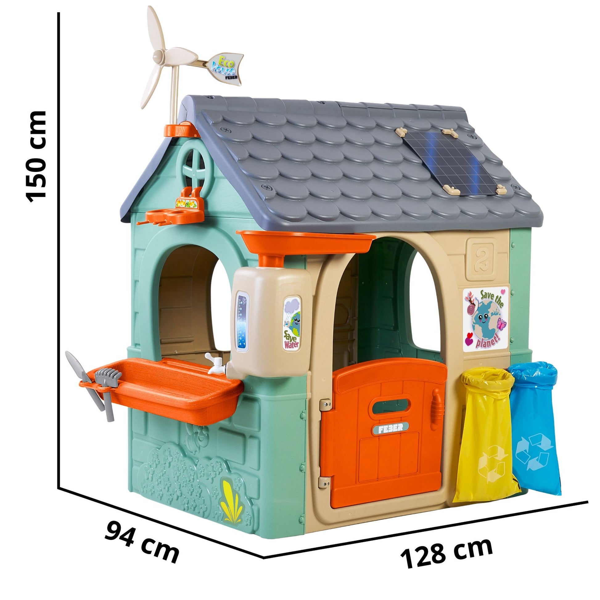 kids playing in a recycled eco playhouse with wind turbine and solar panels under golden sunset light